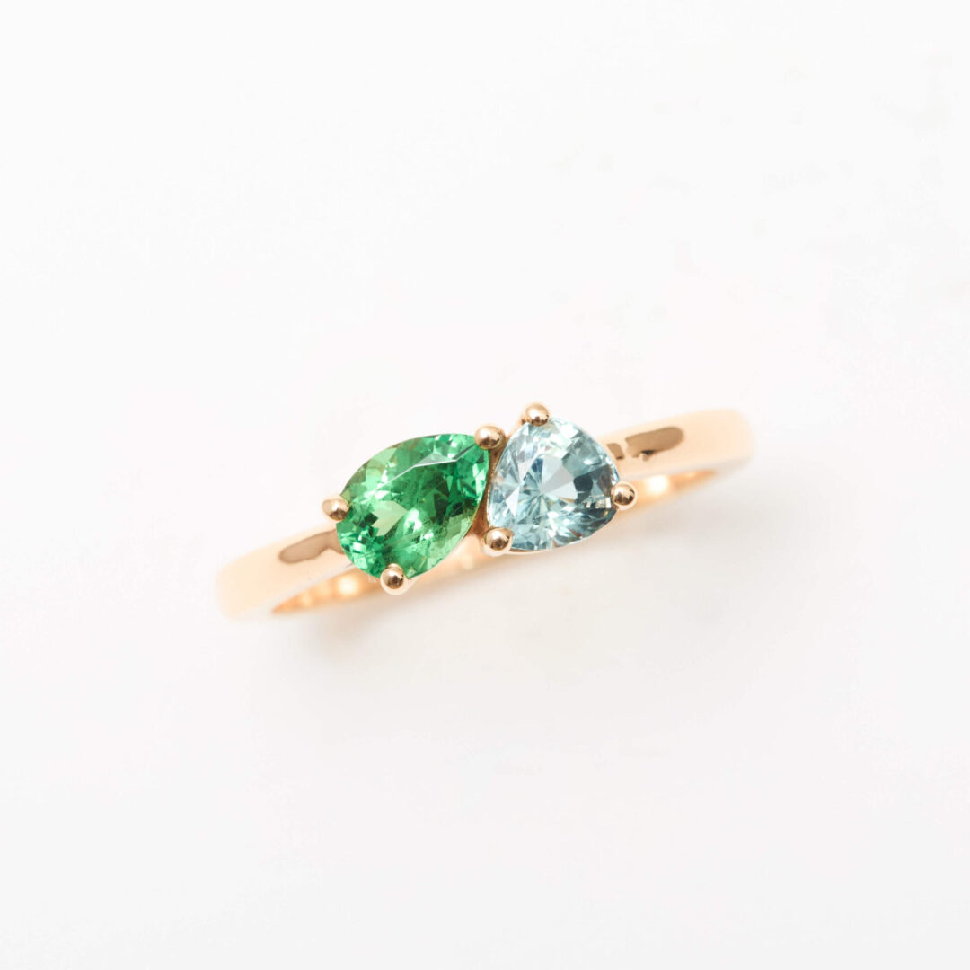 Bague Toi et Moi Tsavorite et Saphir Vert