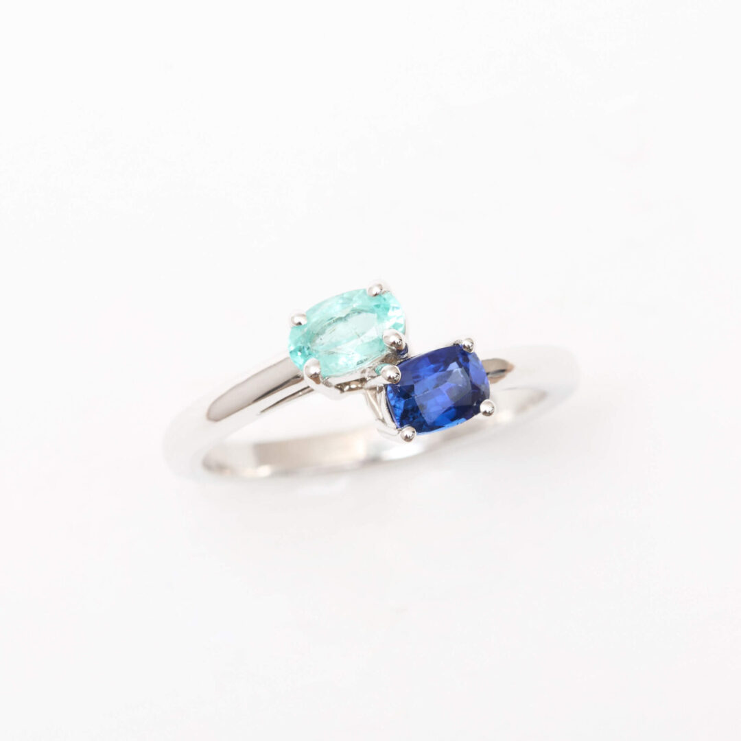 Bague Toi et Moi Saphir Royal Blue et Tourmaline Paraïba